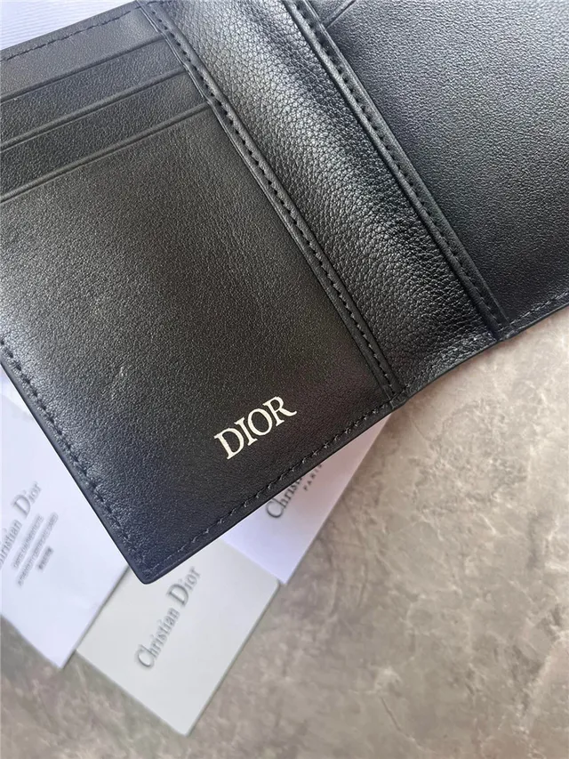 Dior Black Beige Pebbled Leather Embroidered Logo Card Holder 3