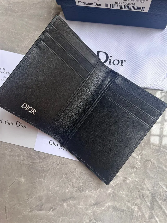 Dior Black Beige Pebbled Leather Embroidered Logo Card Holder 4