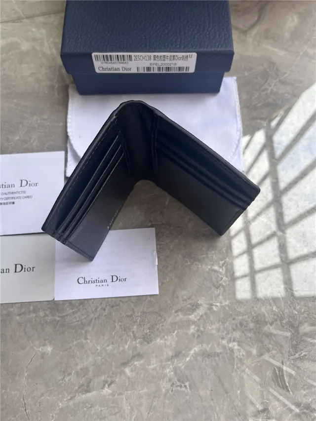 Dior Black Beige Pebbled Leather Embroidered Logo Card Holder 5