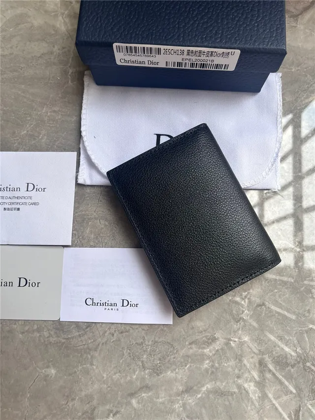 Dior Black Beige Pebbled Leather Embroidered Logo Card Holder 6