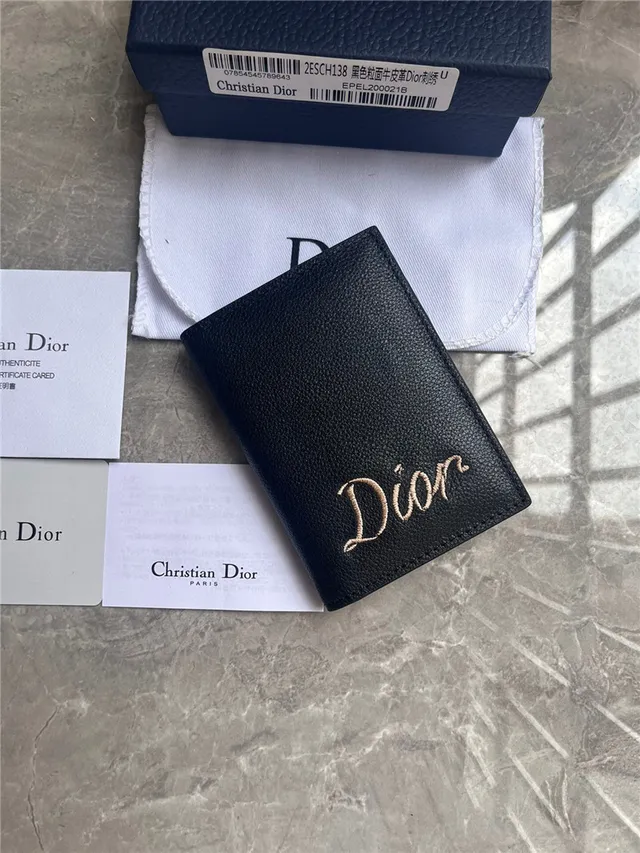 Dior Black Beige Pebbled Leather Embroidered Logo Card Holder 8