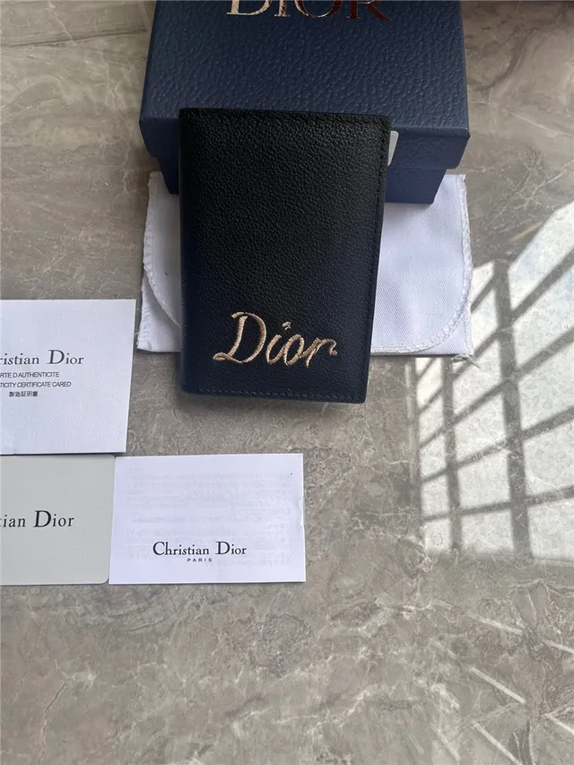 Dior Black Beige Pebbled Leather Embroidered Logo Card Holder 9