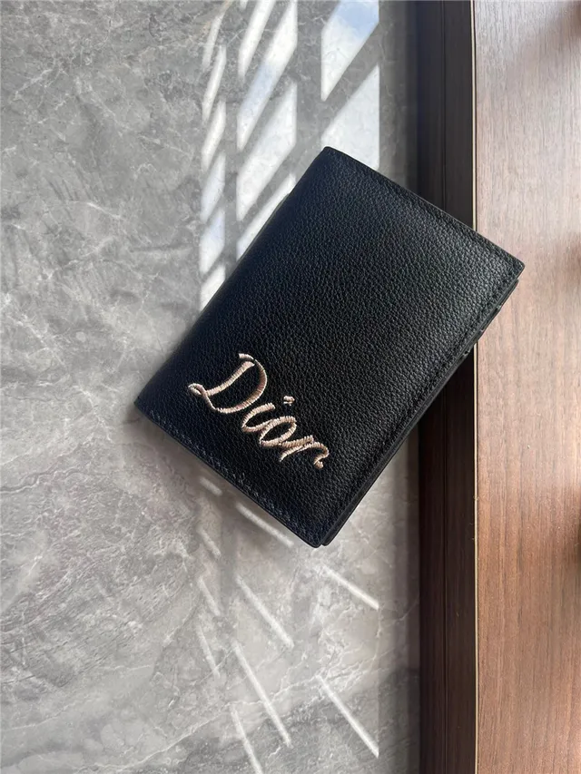 Dior Black Beige Pebbled Leather Embroidered Logo Card Holder 10