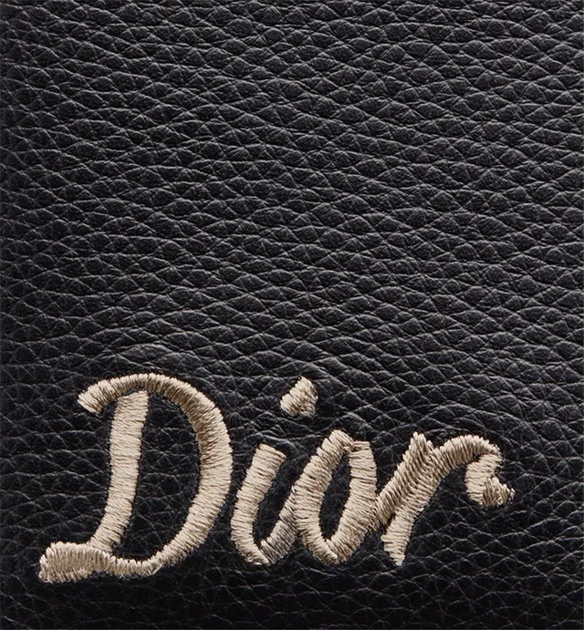 Dior Black Beige Pebbled Leather Embroidered Logo Card Holder 11