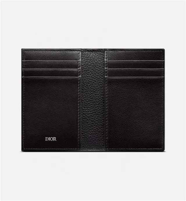Dior Black Beige Pebbled Leather Embroidered Logo Card Holder 13
