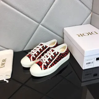 Dior Black Red Heart-Print Canvas White Platform Sole Sneakers