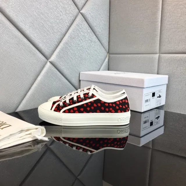 Dior Black Red Heart-Print Canvas White Platform Sole Sneakers 3
