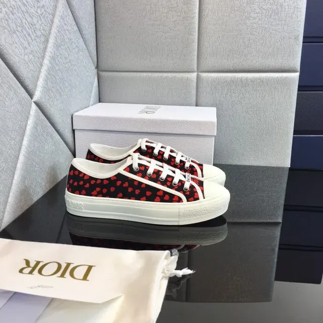 Dior Black Red Heart-Print Canvas White Platform Sole Sneakers 5