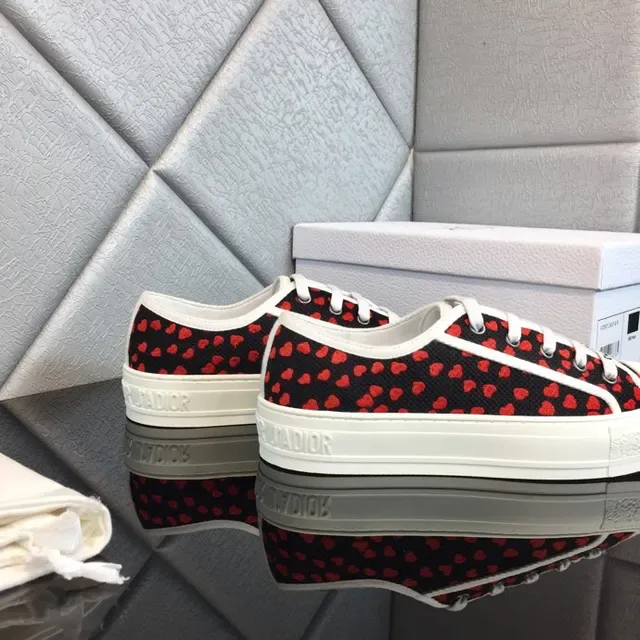 Dior Black Red Heart-Print Canvas White Platform Sole Sneakers 7