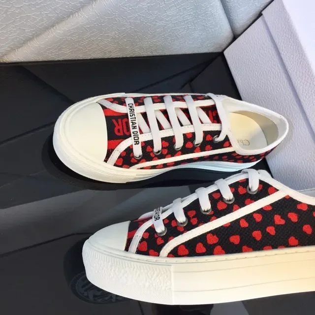 Dior Black Red Heart-Print Canvas White Platform Sole Sneakers 9