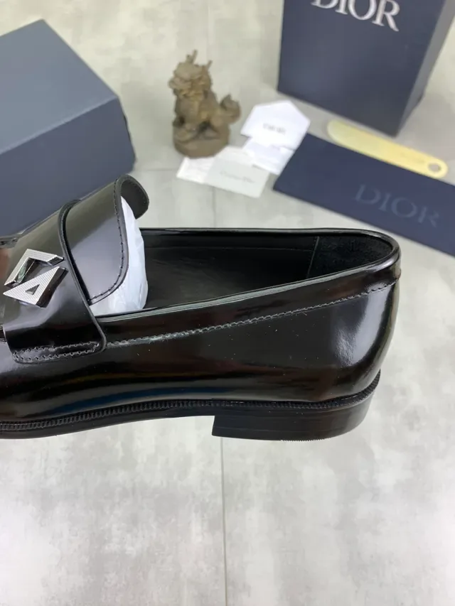 Dior Black Silver Patent Leather Metal Buckle Loafer 3