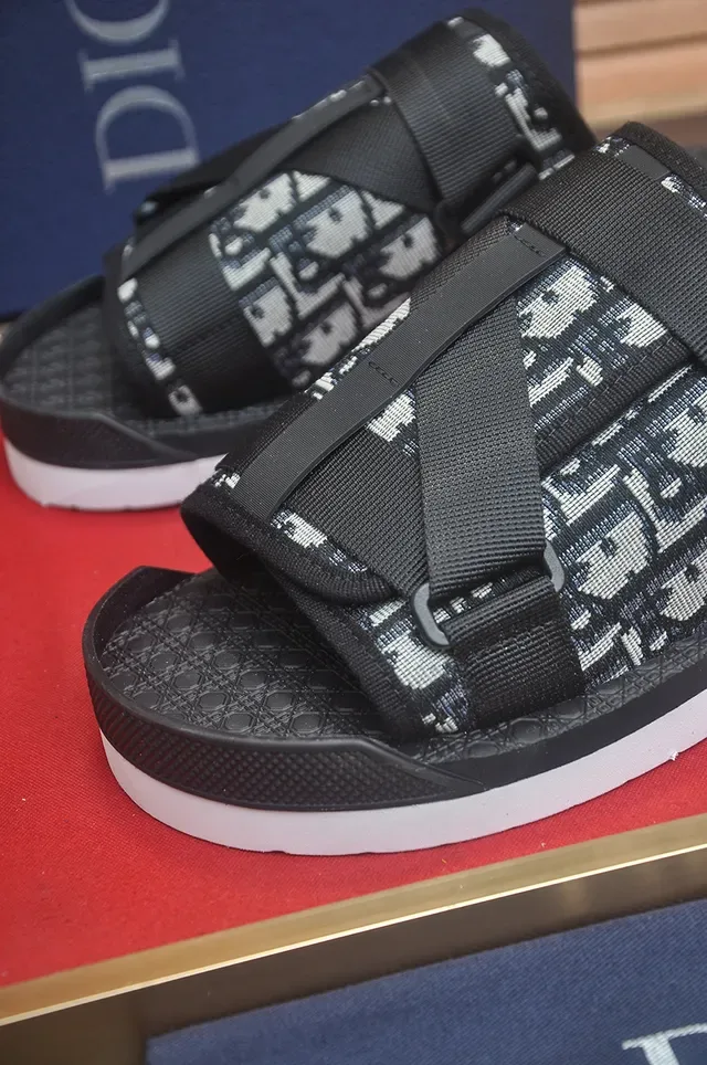 Dior Black White Oblique Monogram Jacquard Dual Elastic Webbing Straps Slippers 2