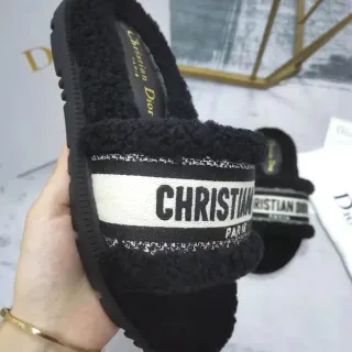 Dior Black White Shearling-Lined Wide Branded Strap Slippers