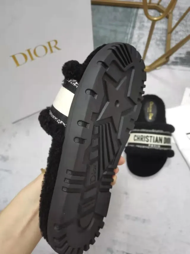Dior Black White Shearling-Lined Wide Branded Strap Slippers 2