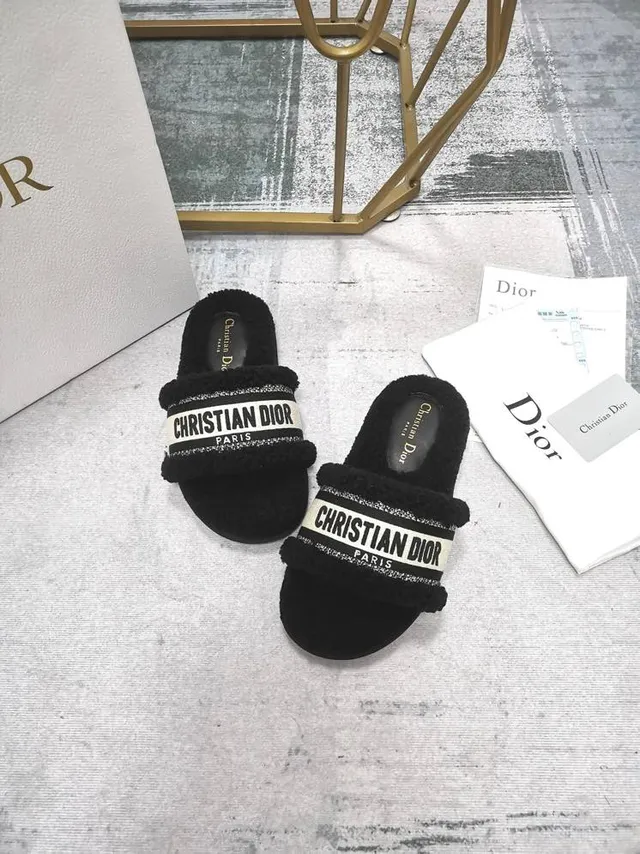 Dior Black White Shearling-Lined Wide Branded Strap Slippers 3