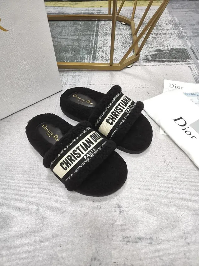 Dior Black White Shearling-Lined Wide Branded Strap Slippers 4