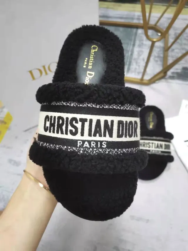 Dior Black White Shearling-Lined Wide Branded Strap Slippers 5