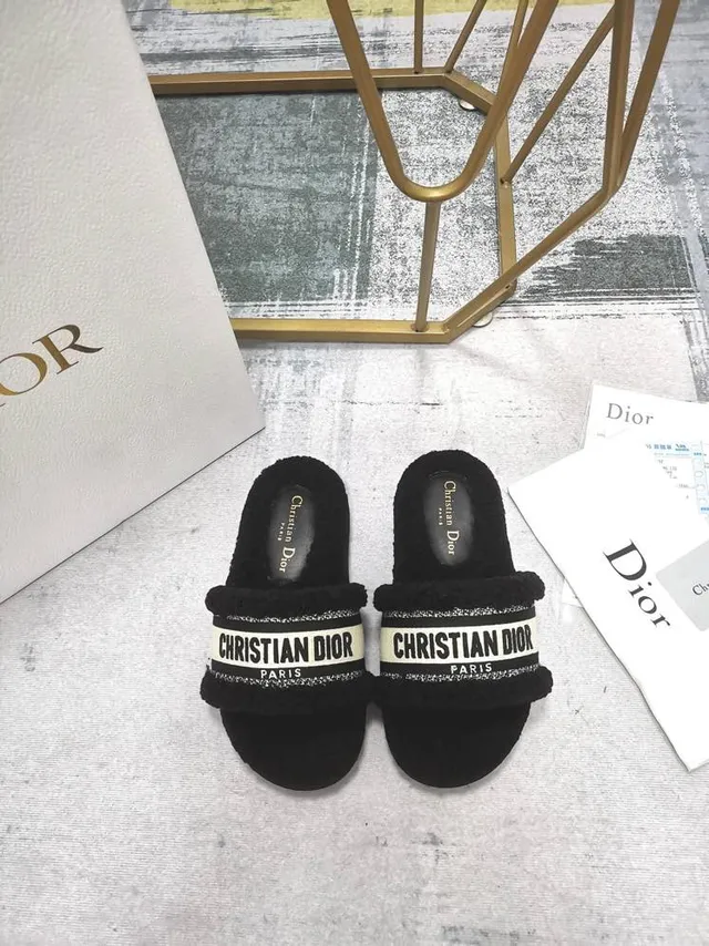 Dior Black White Shearling-Lined Wide Branded Strap Slippers 6