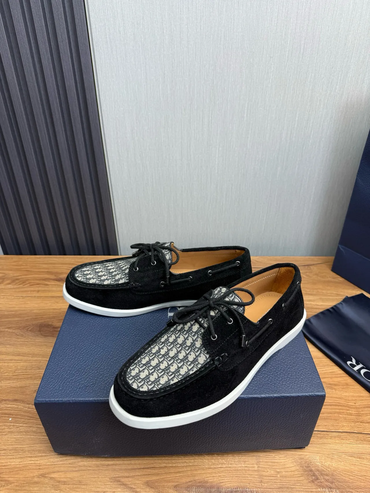 Dior Black White Suede Oblique Monogram Panel Boat Shoes 3