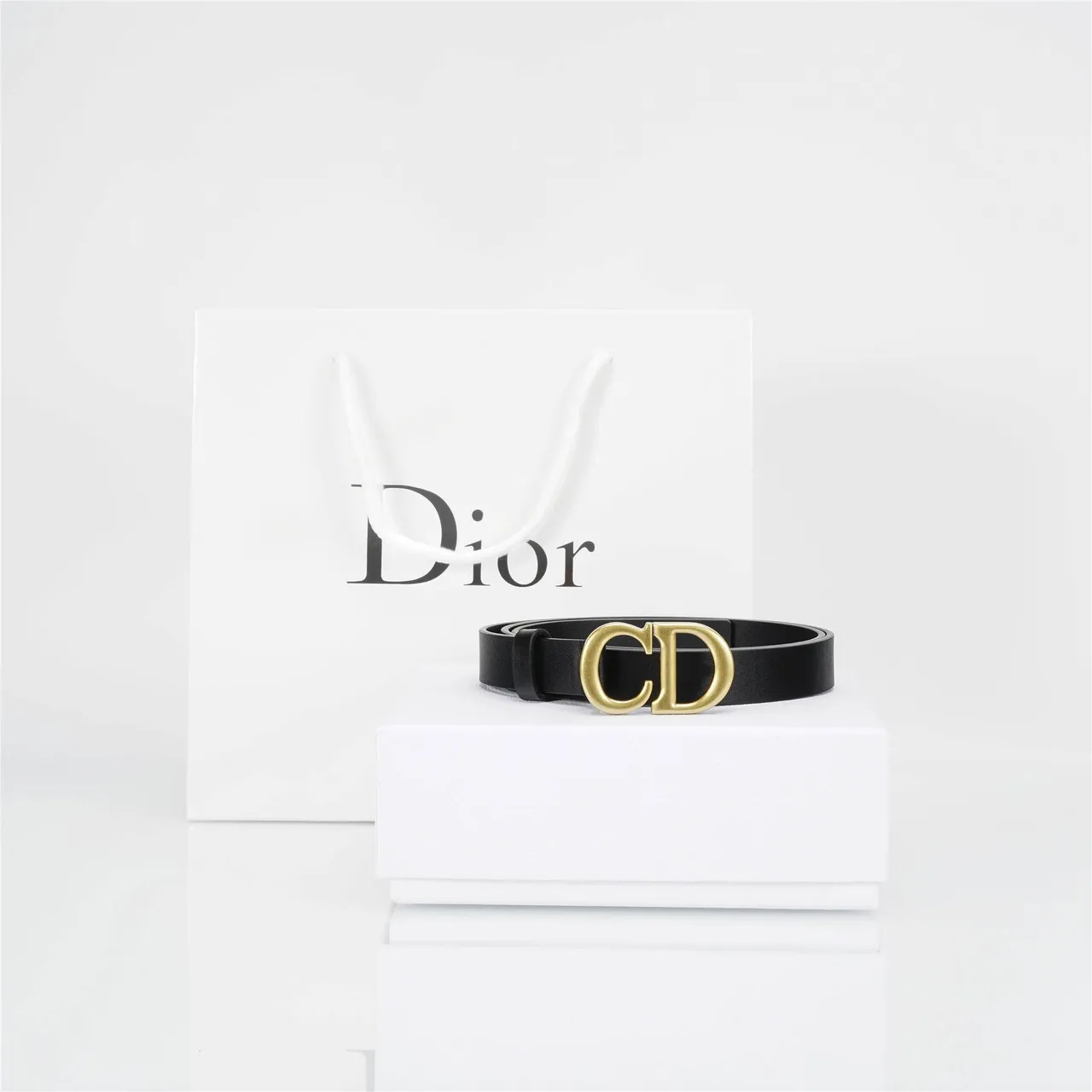 Dior CD Belt Black Gold Slim-Profile Monogram Buckle Leather Belt 5
