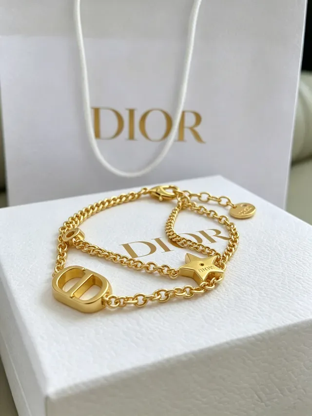 Dior CD Icon Gold Silver Double-Chain Pavé-Star Charm Bracelet 2