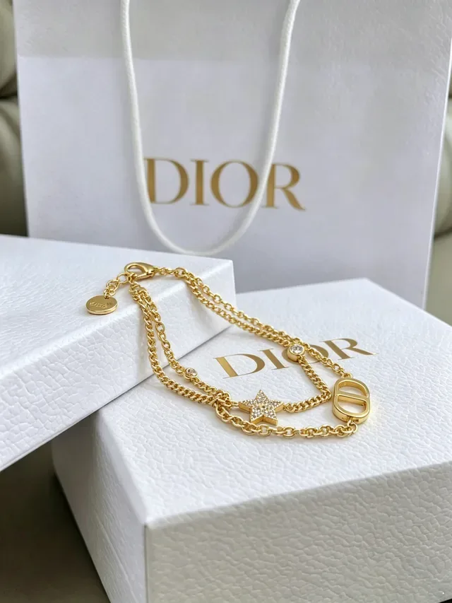 Dior CD Icon Gold Silver Double-Chain Pavé-Star Charm Bracelet 3