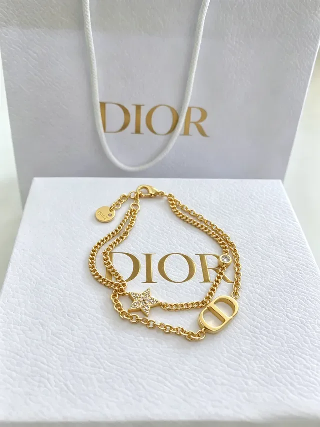 Dior CD Icon Gold Silver Double-Chain Pavé-Star Charm Bracelet 4