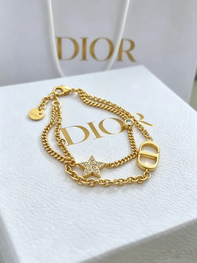 Dior CD Icon Gold Silver Double-Chain Pavé-Star Charm Bracelet 5