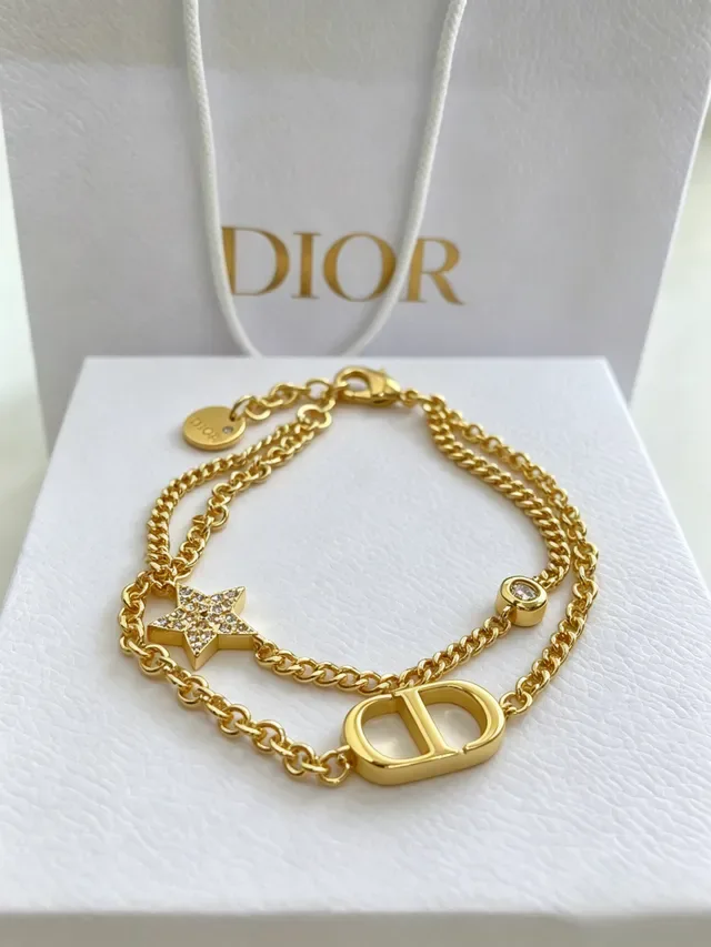 Dior CD Icon Gold Silver Double-Chain Pavé-Star Charm Bracelet 6