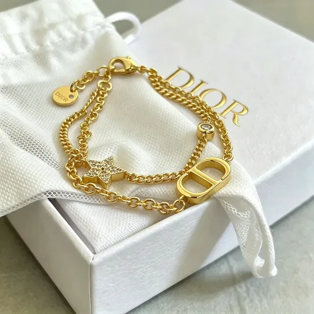 Dior CD Icon Gold Silver Double-Chain Pavé-Star Charm Bracelet 7