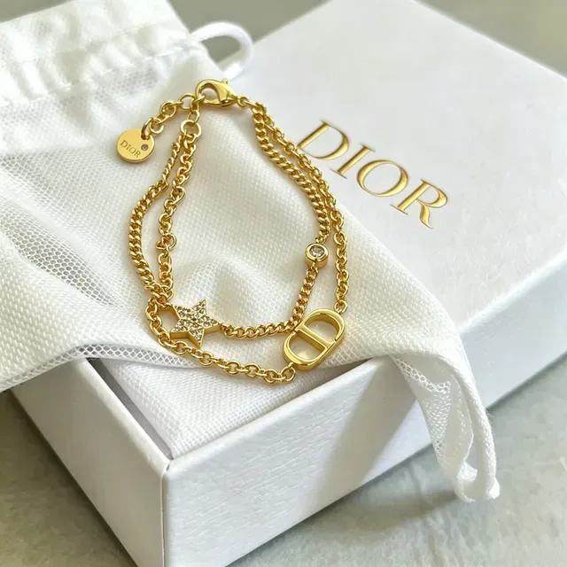 Dior CD Icon Gold Silver Double-Chain Pavé-Star Charm Bracelet 8