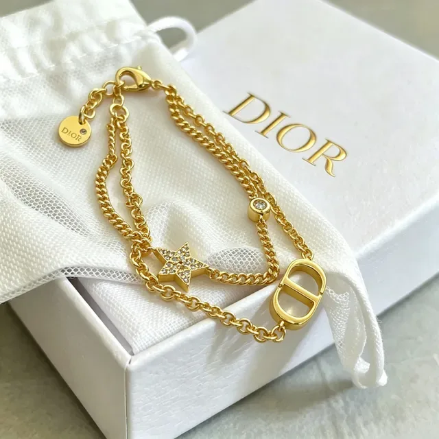 Dior CD Icon Gold Silver Double-Chain Pavé-Star Charm Bracelet 9