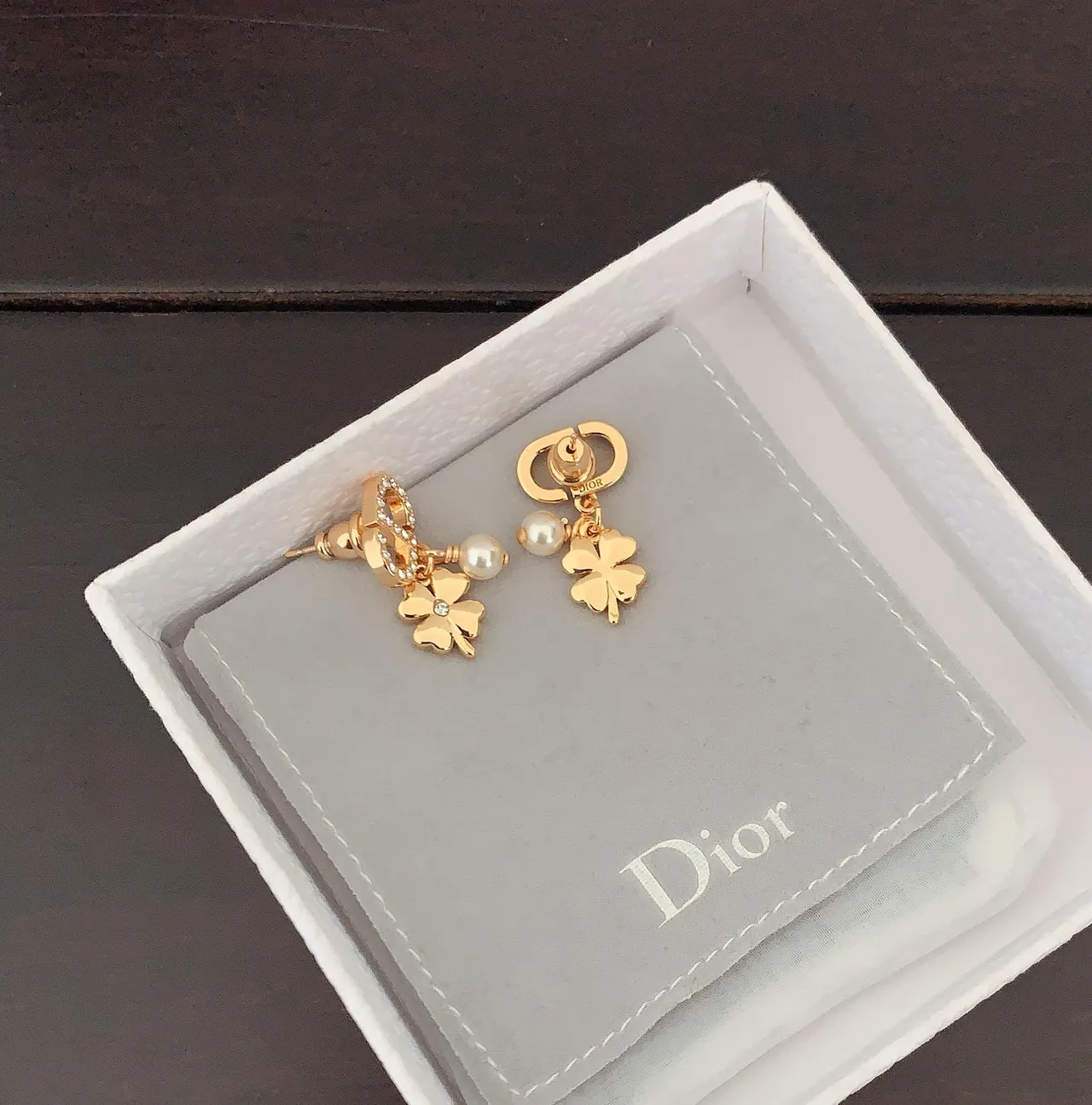 Dior Crystal CD Motif Clover Pearl Earrings 2