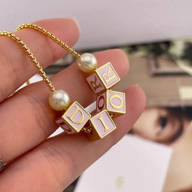 Dior D-Dice Gold Pink Chain Enamel Cube Beads Necklace 5