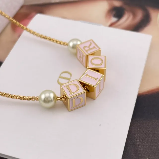 Dior D-Dice Gold Pink Chain Enamel Cube Beads Necklace 7