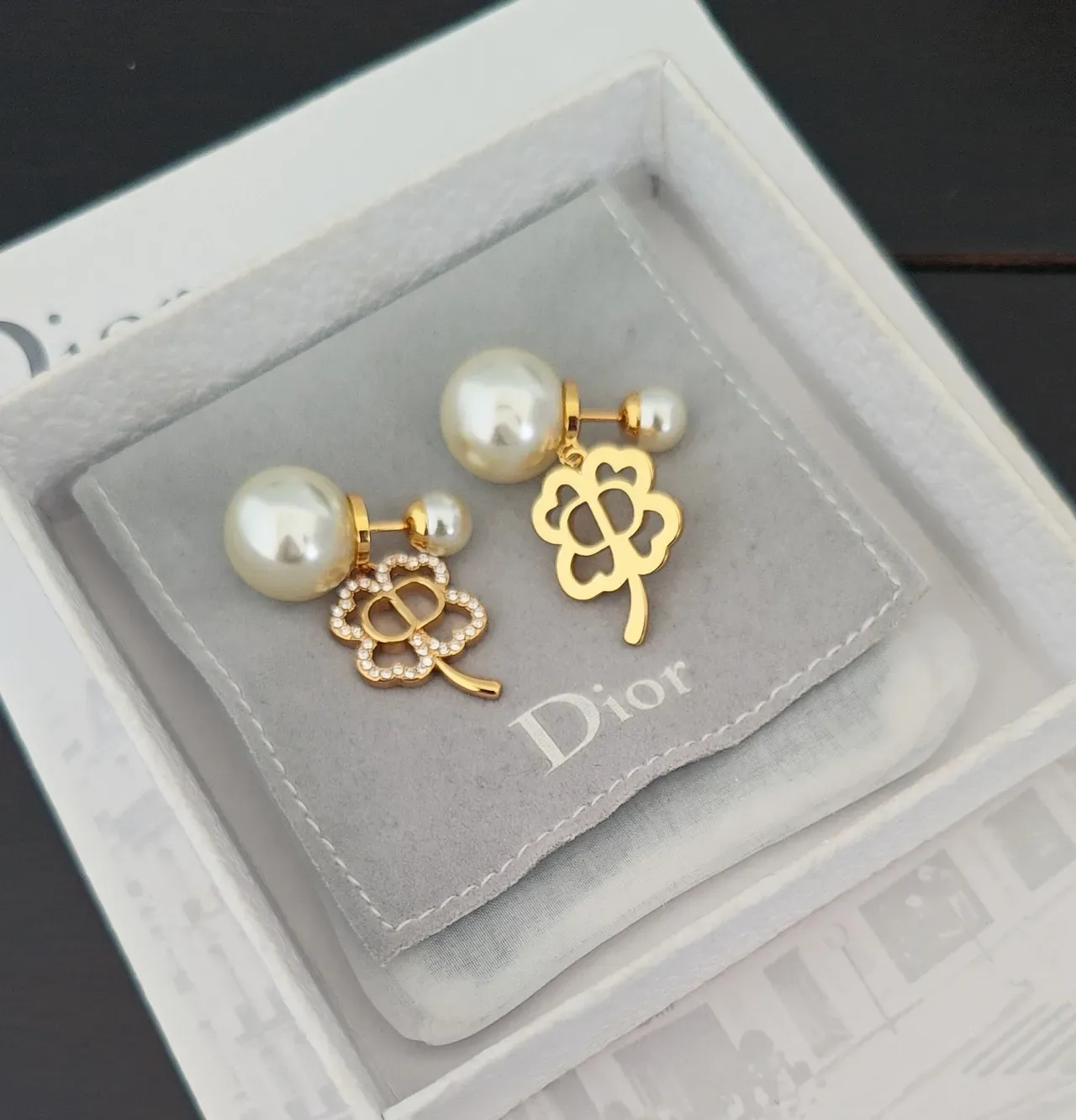 Dior Four-Leaf Clover Pearl and Crystal Earrings 2