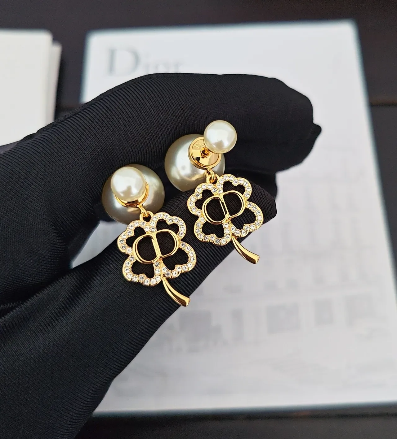 Dior Four-Leaf Clover Pearl and Crystal Earrings 4
