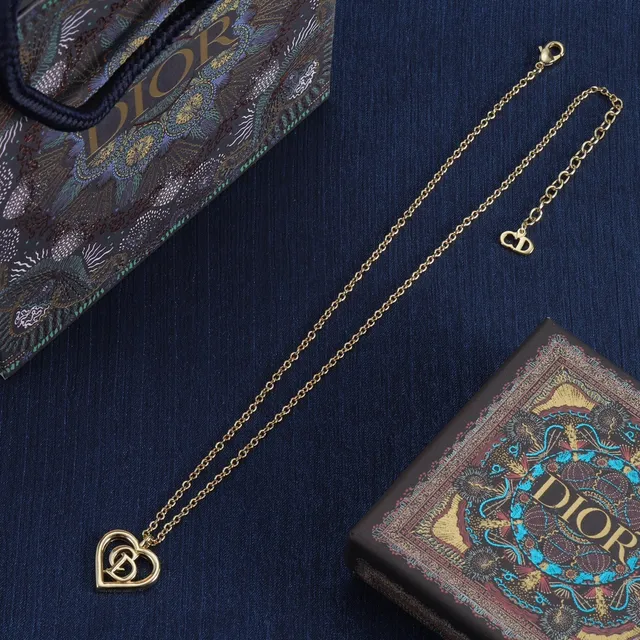 Dior Gold Navy Heart-Shaped Pendant Interlocked CD Monogram Necklace 4