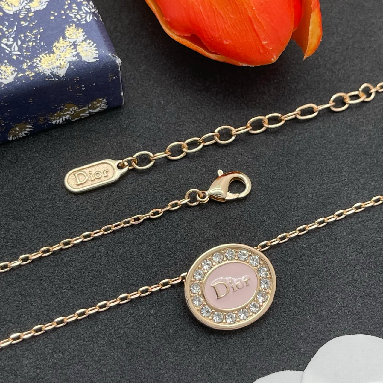 Dior Chaîne Curb Or Rose Pendentif Ovale Collier 5