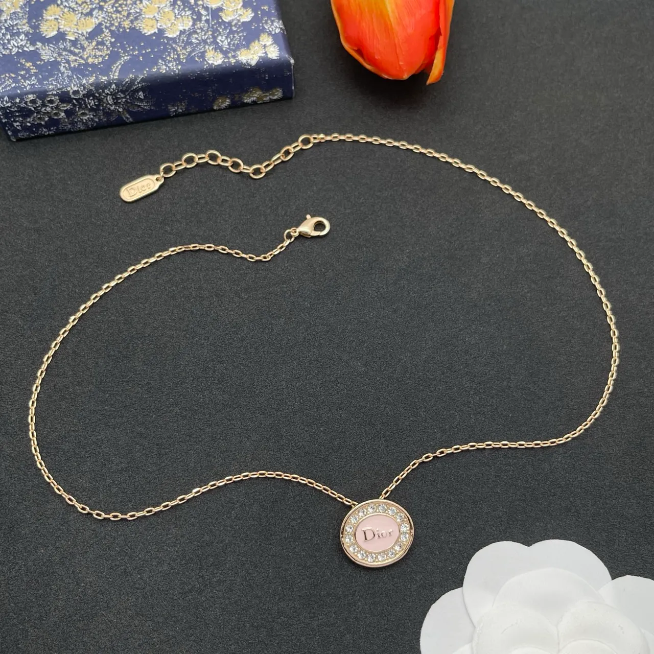 Dior Chaîne Curb Or Rose Pendentif Ovale Collier 9