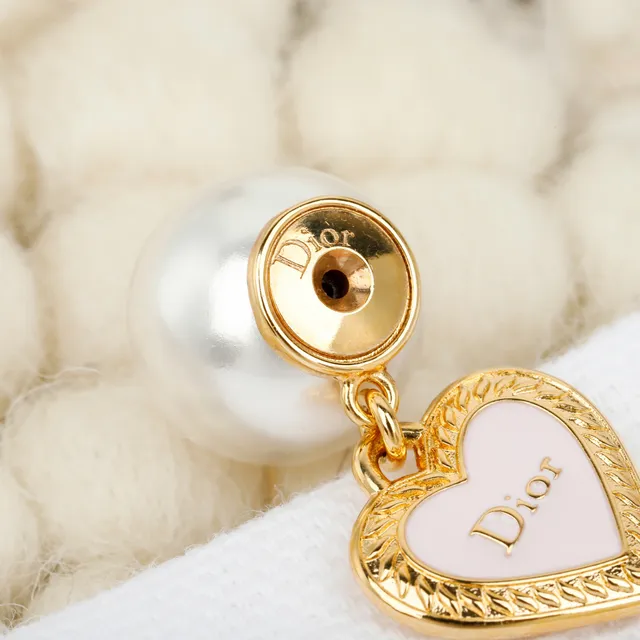 Dior Gold Pink Metal Double Pearl Stud Earrings 6