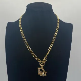 Dior Gold Silver Curb Chain Crystal-Embellished Monogram Pendant Necklace