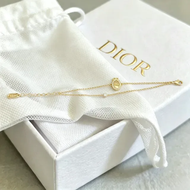 Dior Gold Silver Double-Chain Oval Medallion Pendant Bracelet 4