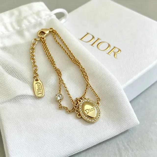 Dior Gold Silver Double-Chain Oval Medallion Pendant Bracelet 6