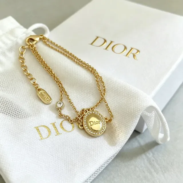 Dior Gold Silver Double-Chain Oval Medallion Pendant Bracelet 7