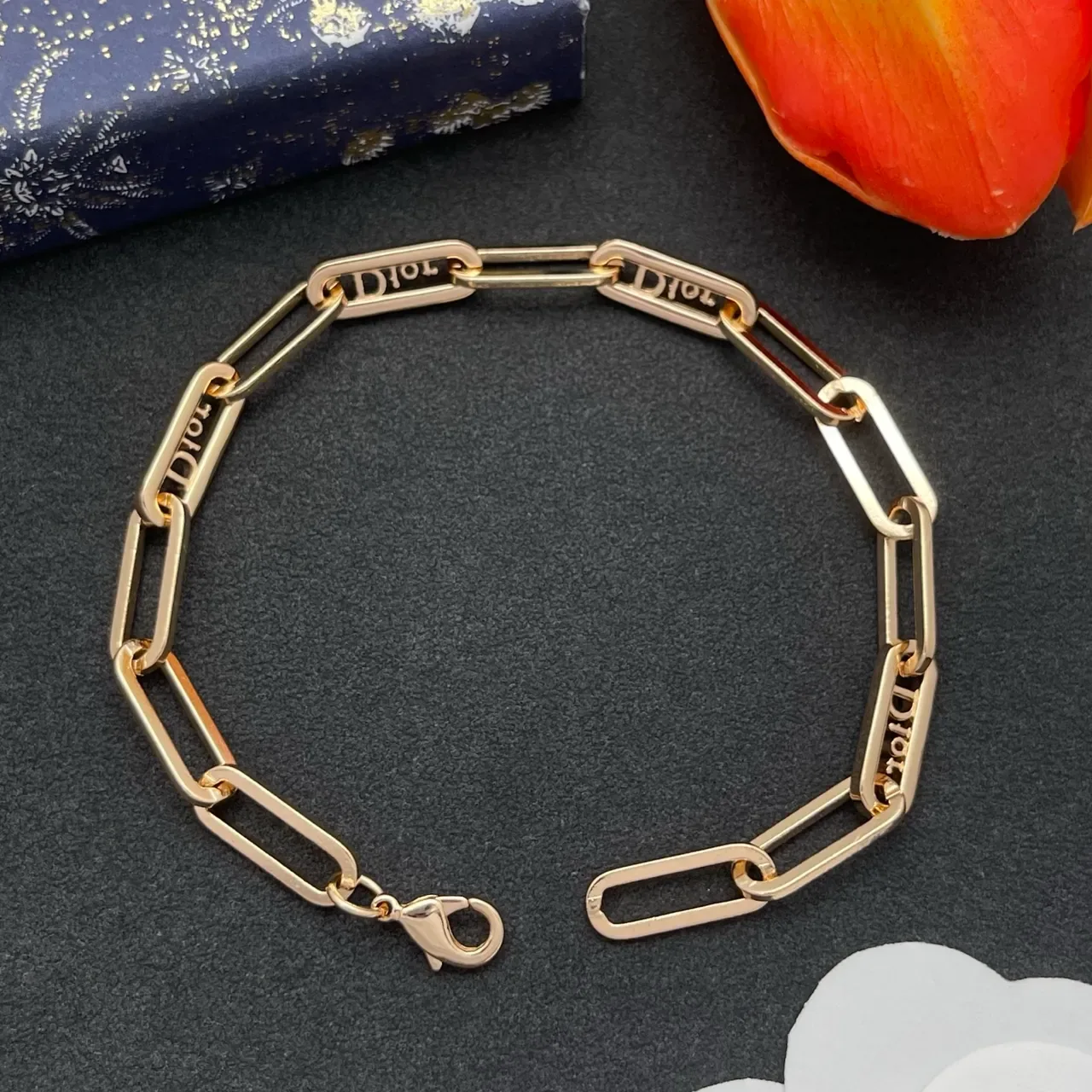 Bracelet Dior Chaîne Paperclip Or Argent Plaques Logo Cristallisées 4