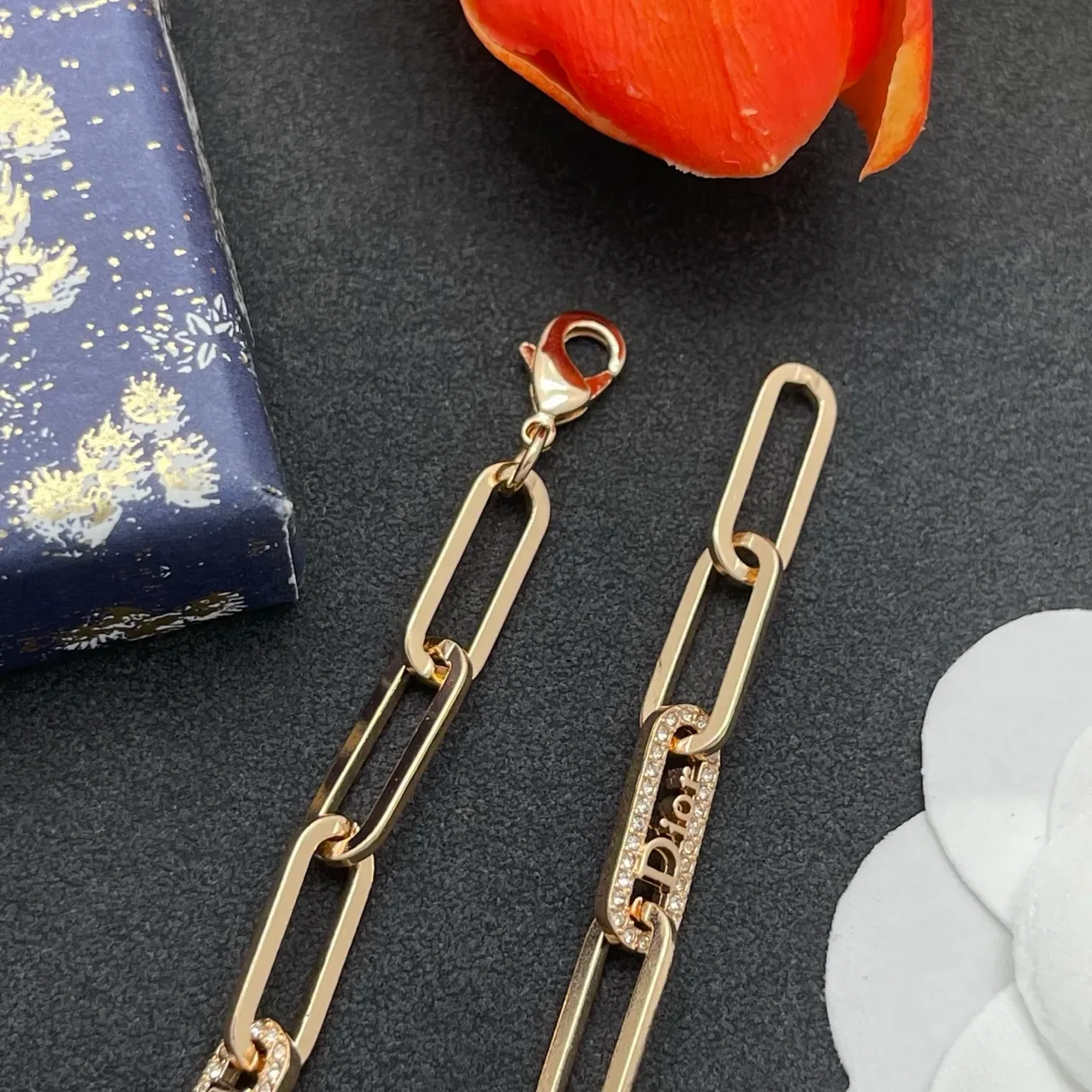 Bracelet Dior Chaîne Paperclip Or Argent Plaques Logo Cristallisées 6