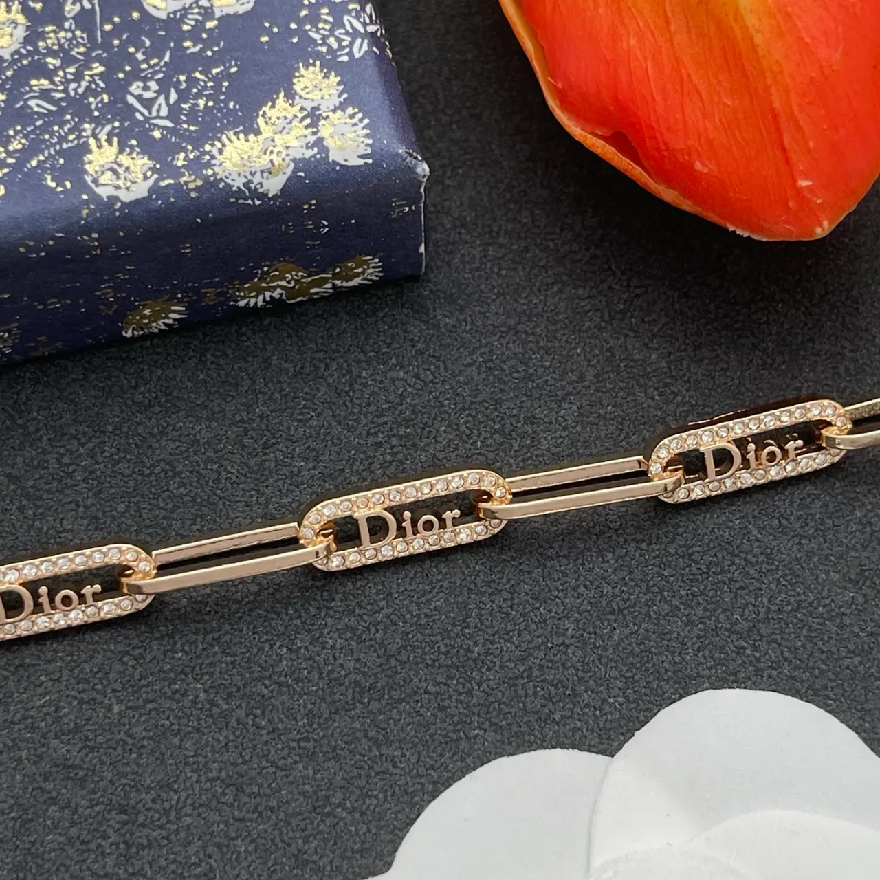 Bracelet Dior Chaîne Paperclip Or Argent Plaques Logo Cristallisées 7