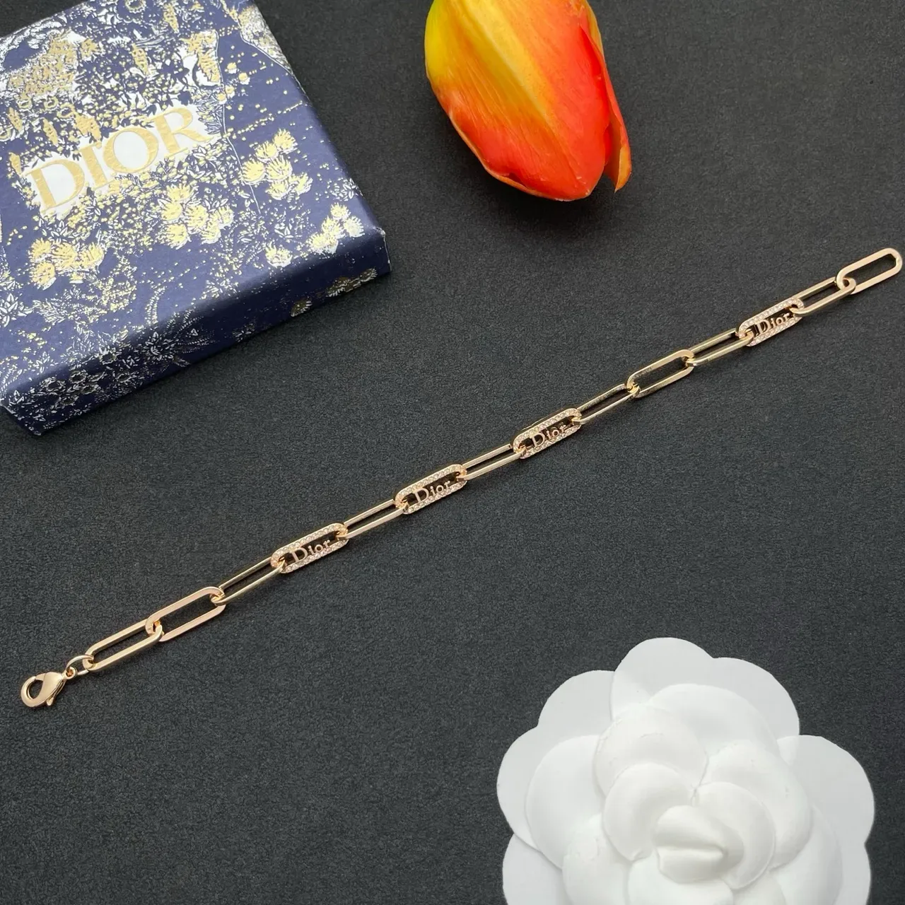 Bracelet Dior Chaîne Paperclip Or Argent Plaques Logo Cristallisées 8