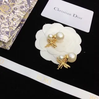 Dior Gold White Bee Motif Double Pearl Earrings
